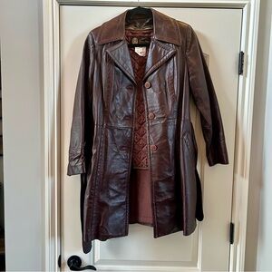 Vintage Women's Burgundy Belted Leather Trench Coat by Cosa Nova 70s, 80s